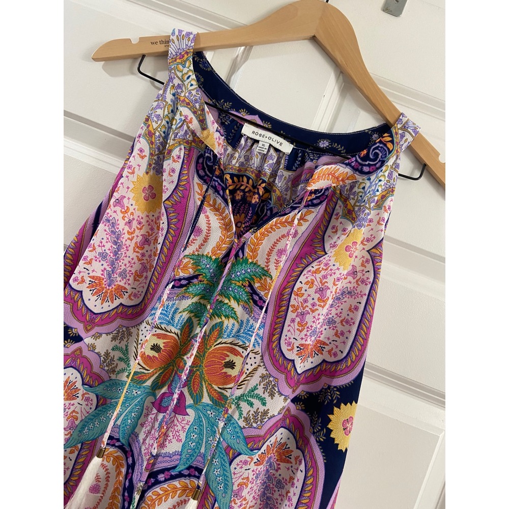 Rose + Olive Womens XL Paisley Floral Sleeveless Blouse Pink Tassel Tie BOHO